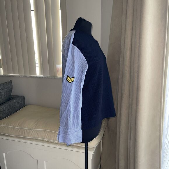 ZARA BLUE VARSITY LETTERMAN PATCH STRIPED TOP SWEATER Hi Low BLOUSE  S - Picture 3 of 7